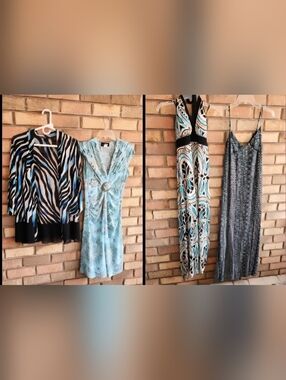 4 Piece Sleeveless Geometric Dresses/jacket in Teal, Black, White, Brown,